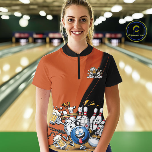 Custom Orange Funny Bowling Women Shirts, Bowling And Beer Party Bowlers Outfit IPHW10820