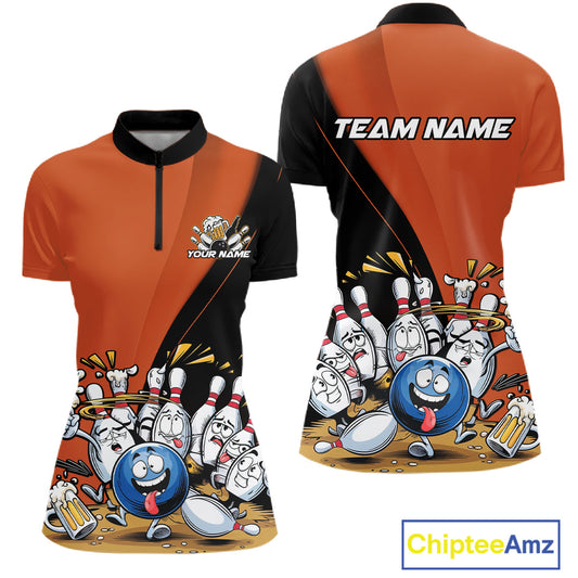 Custom Orange Funny Bowling Women Shirts, Bowling And Beer Party Bowlers Outfit IPHW10820
