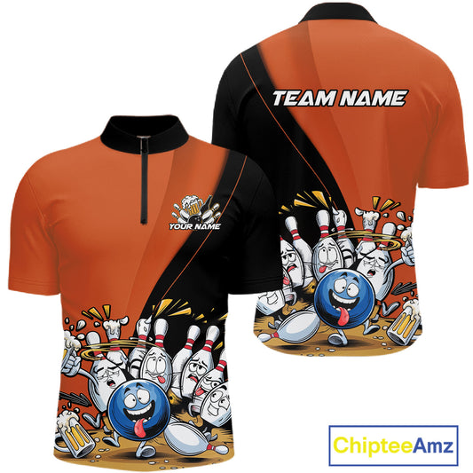 Custom Orange Funny Bowling Men Quarter-Zip Shirts, Bowling And Beer Party Bowlers Outfit IPHW10820