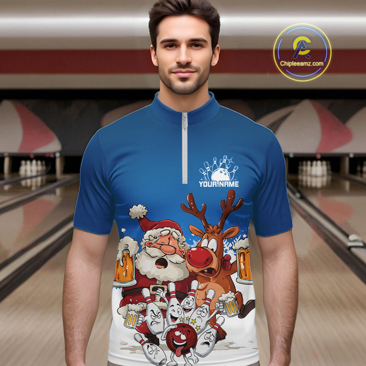 Custom Blue Funny Christmas Men Bowling Shirts, Bowling And Beer Xmas Party Shirt IPHW10205