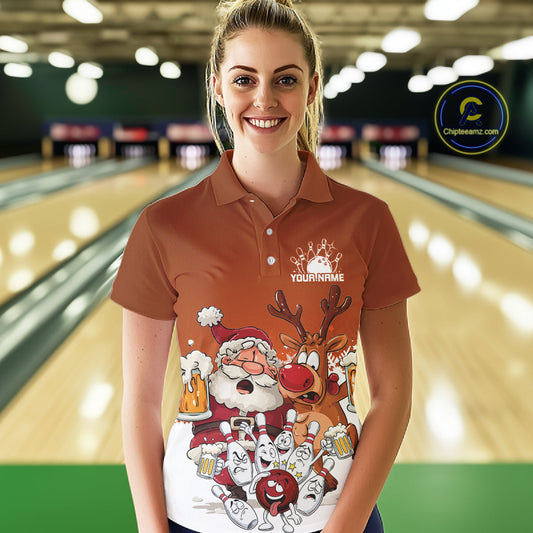 Custom Orange Funny Christmas Women Bowling Shirts, Bowling And Beer Xmas Party Shirt IPHW10206