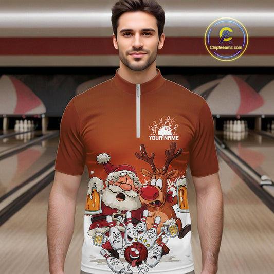 Custom Orange Funny Christmas Men Bowling Shirts, Bowling And Beer Xmas Party Shirt IPHW10206