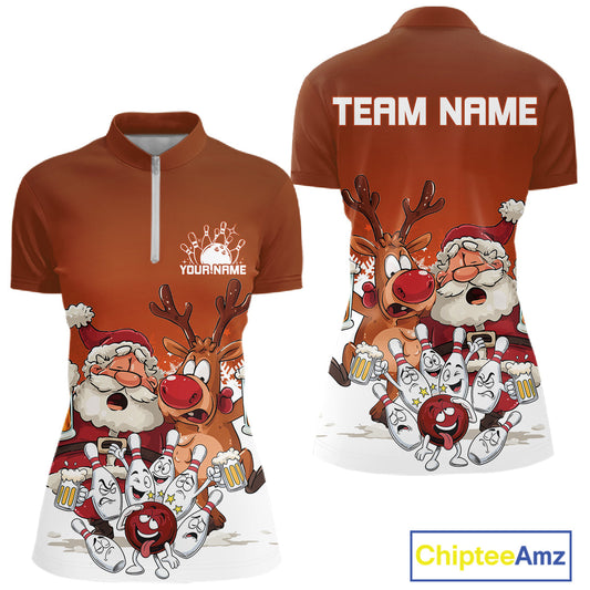 Custom Orange Funny Christmas Women Bowling Shirts, Bowling And Beer Xmas Party Shirt IPHW10206