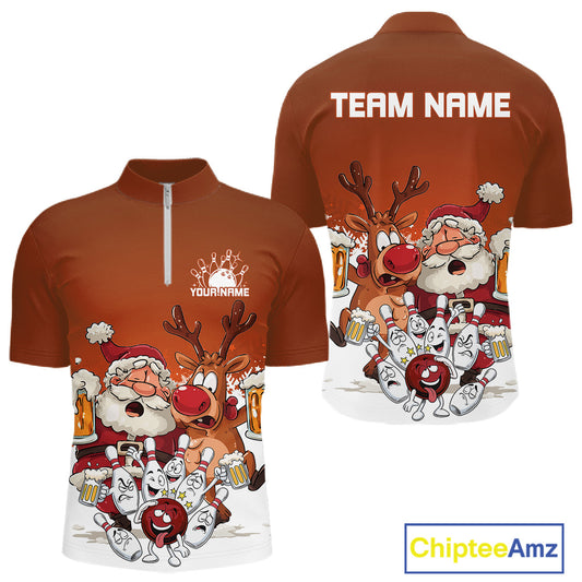 Custom Orange Funny Christmas Men Bowling Shirts, Bowling And Beer Xmas Party Shirt IPHW10206