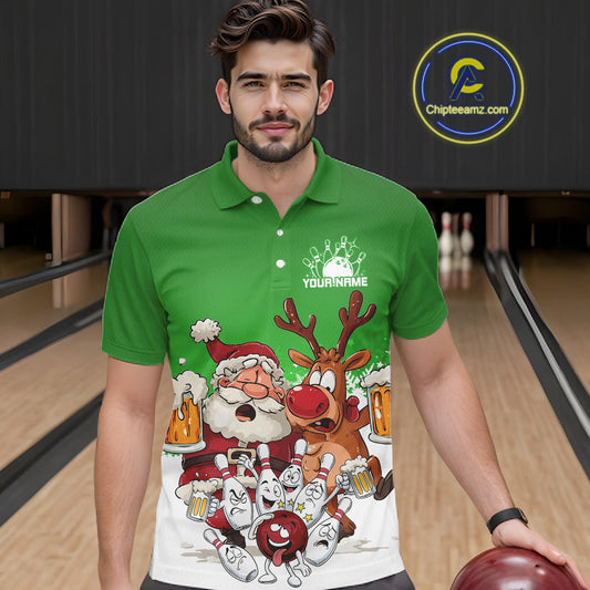 Custom Green Funny Christmas Men Bowling Shirts, Bowling And Beer Xmas Party Shirt IPHW10207