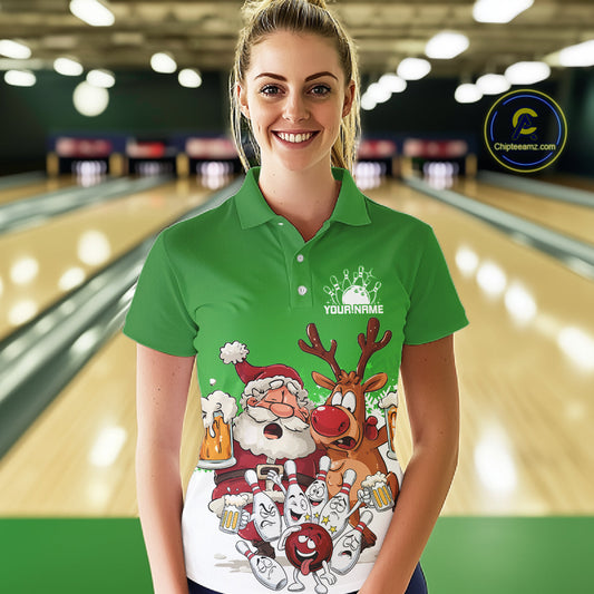 Custom Green Funny Christmas Women Bowling Shirts, Bowling And Beer Xmas Party Shirt IPHW10207