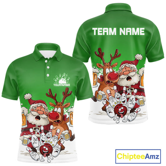 Custom Green Funny Christmas Men Bowling Shirts, Bowling And Beer Xmas Party Shirt IPHW10207