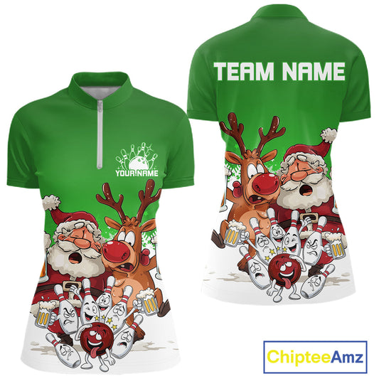 Custom Green Funny Christmas Women Bowling Shirts, Bowling And Beer Xmas Party Shirt IPHW10207