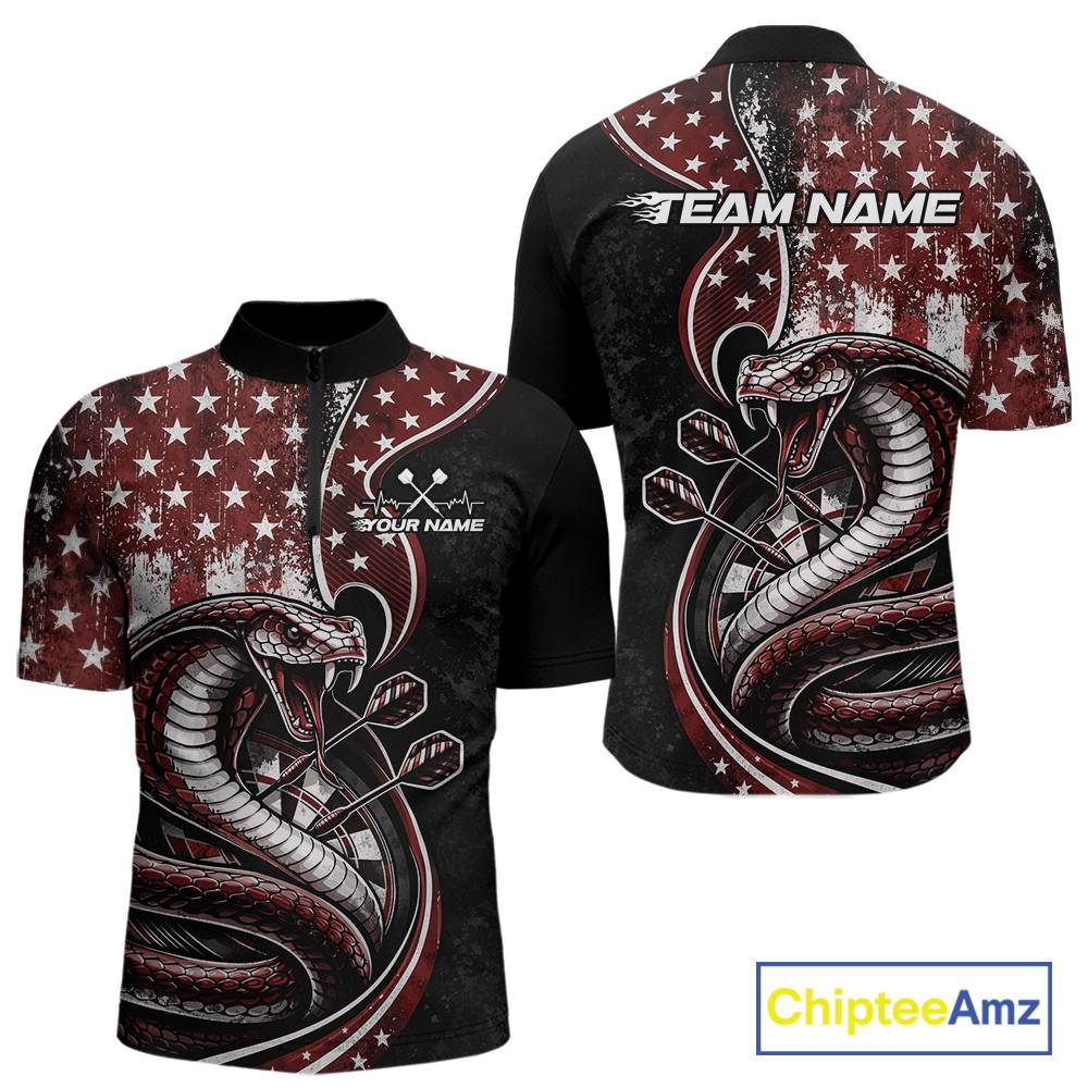 Customizable red and black stars and stripes patriotic cobra snake men's dart quarter-zip shirt featuring a "TEAM NAME" text on the back.