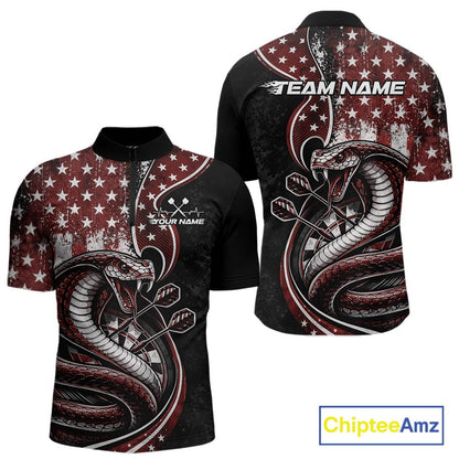 Customizable red and black stars and stripes patriotic cobra snake men's dart quarter-zip shirt featuring a "TEAM NAME" text on the back.