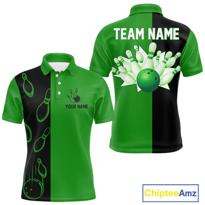 Green and Black retro vintage Bowling polo, quarter zip shirts for men custom Bowling team jerseys NQS11564