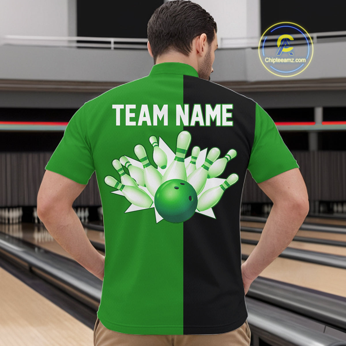 Green and Black retro vintage Bowling polo, quarter zip shirts for men custom Bowling team jerseys NQS11564