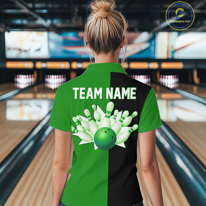 Green and Black retro vintage Bowling polo, quarter zip shirts for Women custom Bowling team jerseys NQS11564