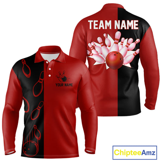 Red and Black retro vintage Bowling polo, quarter zip shirts for men custom Bowling team jerseys NQS11565