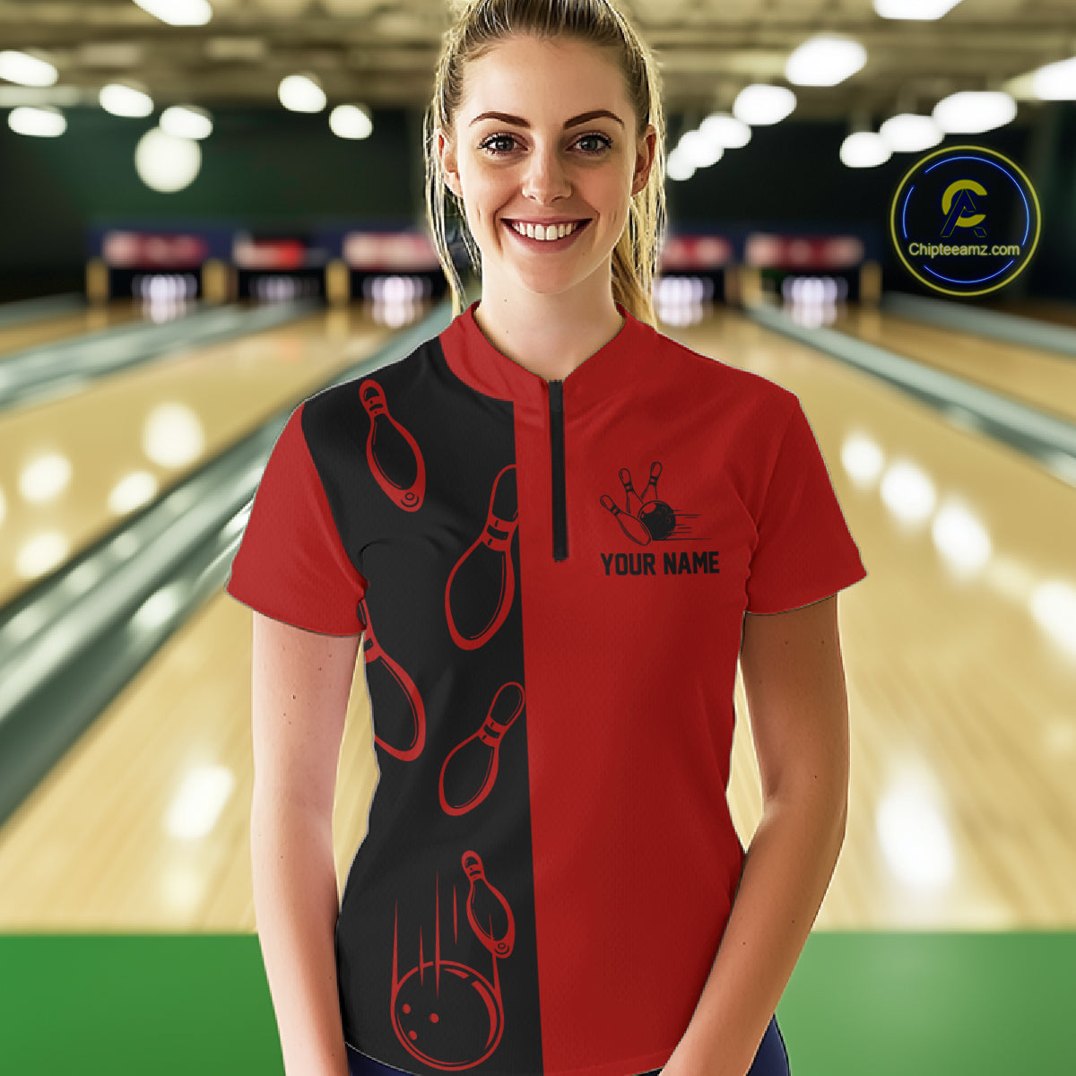 Red and Black retro vintage Bowling polo, quarter zip shirts for Women custom Bowling team jerseys NQS11565