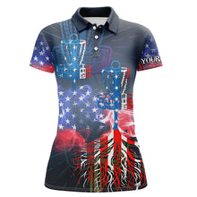Load image into Gallery viewer, Womens disc golf polo shirt custom name American flag disc golf basket, personalized disc golf shirts NQS5677