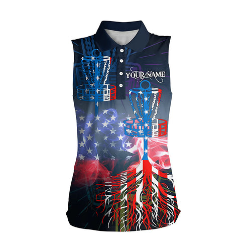 Womens sleeveless disc golf polo shirt American flag disc golf basket, personalized disc golf shirts NQS5677