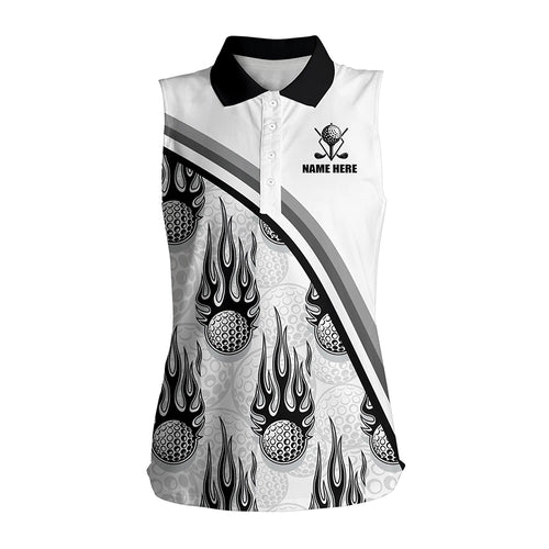 Golf balls black flame pattern Womens sleeveless polo shirt custom golf clothes for women | White NQS6108