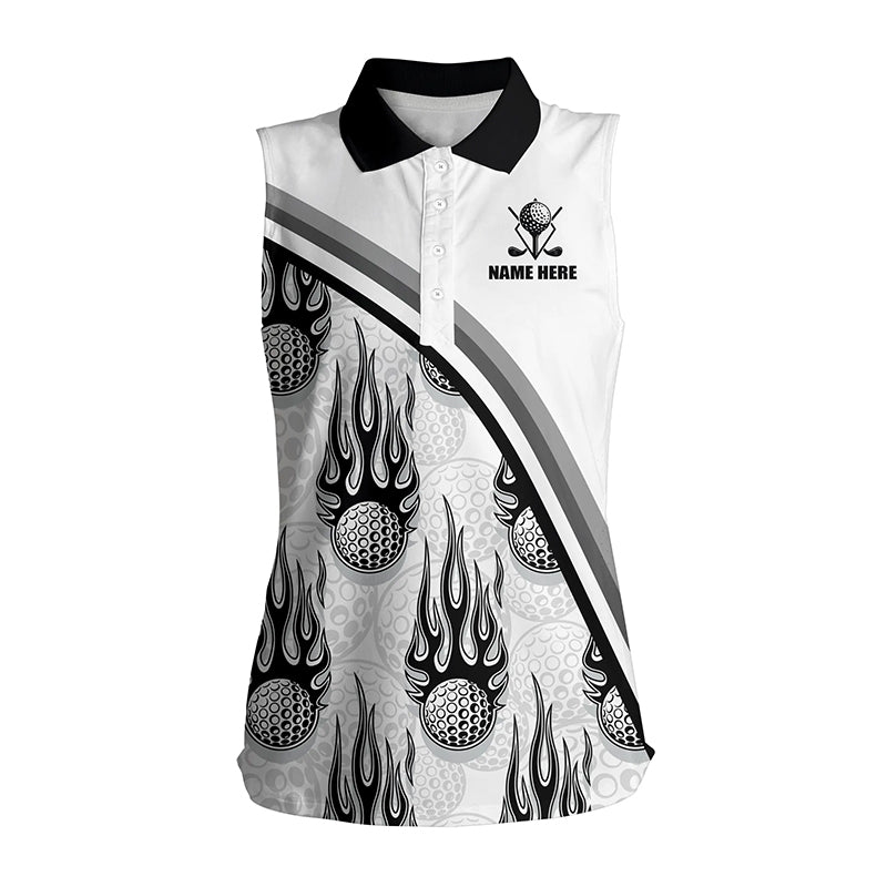 Golf balls black flame pattern Womens sleeveless polo shirt custom golf clothes for women | White NQS6108