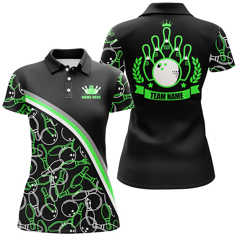 Personalized bowling polo shirts for women Custom name black green bowling pattern, bowling team shirt NQS5443