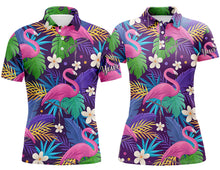 Load image into Gallery viewer, Colorful floral flamingo pattern tropical leaves matching golf polos for couples Custom Valentine gift NQS3897
