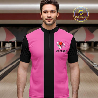 Personalized Pink Black Retro Bowling Quarter Zip shirt For Men custom vintage bowling team jerseys NQS6568