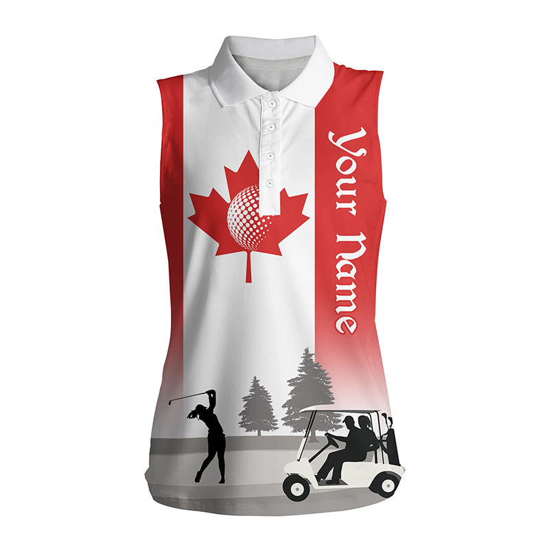 Women sleeveless polo shirt custom name Canadian flag patriotic Let’s Par Tee white golf shirt NQS5762