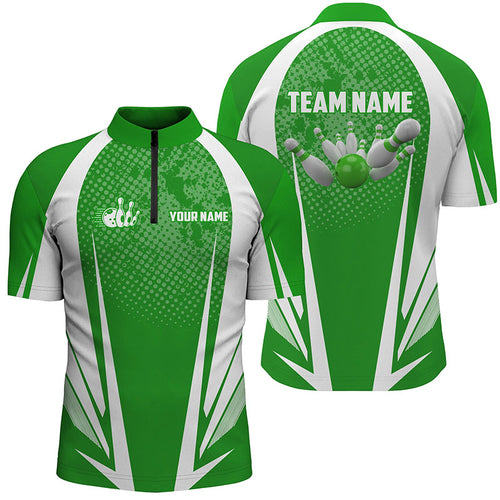 Men's Bowling Quarter-Zip Shirt Custom bowling ball and pins green and white team Men Bowlers Jerseys NQS5965