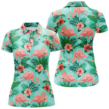 Load image into Gallery viewer, Personalized green tropical pink flamingo pattern custom womens golf polo shirts, ladies golf tops NQS5995