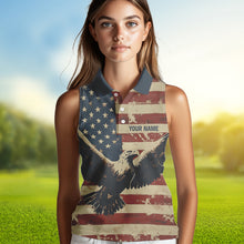 Load image into Gallery viewer, Personalized Vintage Eagle American flag Golf Sleeveless Polo Shirt Custom Patriotic Ladies Golf shirt NQS9632