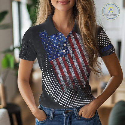 Personalized golf polo shirts for Women Vintage American Flag Custom patriotic golf tops for ladies NQS9835