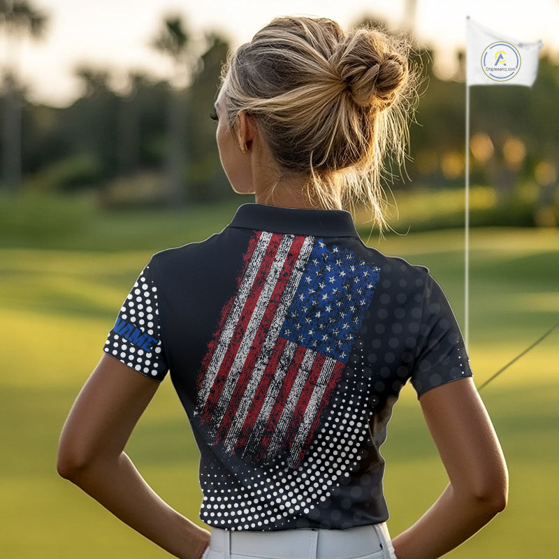 Personalized golf polo shirts for Women Vintage American Flag Custom patriotic golf tops for ladies NQS9835