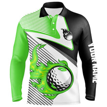 Load image into Gallery viewer, Mens golf polo shirts custom flame golf ball fire golf apparel for men, unique golf gifts | Green NQS7984