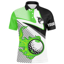 Load image into Gallery viewer, Mens golf polo shirts custom flame golf ball fire golf apparel for men, unique golf gifts | Green NQS7984