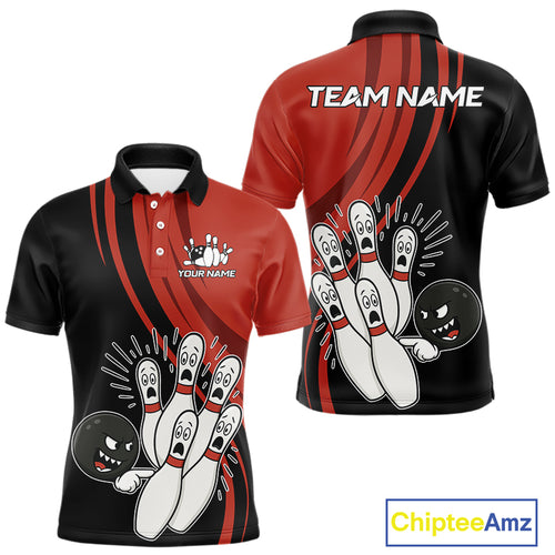 Funny Bowling ball and pins Black and Red Bowling Team Shirts For Men Custom Retro Bowling Jerseys NQS10225