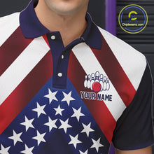Load image into Gallery viewer, Red, White &amp; Blue American Flag Mens Bowling Polo, 1/4 Zip Shirt Custom Patriotic Team Bowling Jersey NQS10226