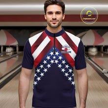 Load image into Gallery viewer, Red, White &amp; Blue American Flag Mens Bowling Polo, 1/4 Zip Shirt Custom Patriotic Team Bowling Jersey NQS10226