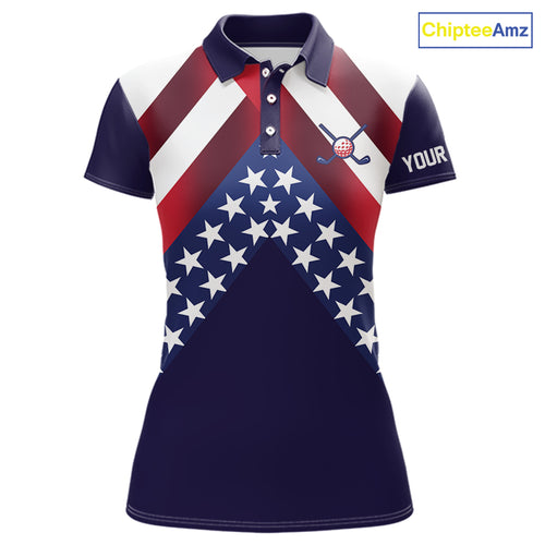 Red, White and Blue American Flag golf polo shirts for Women Custom Patriotic ladies golf outfit NQS10227