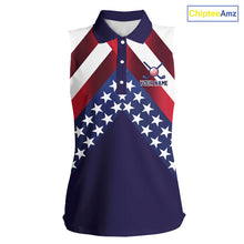 Load image into Gallery viewer, Red, White and Blue American Flag sleeveless golf polo shirts Custom Patriotic ladies golf outfit NQS10227