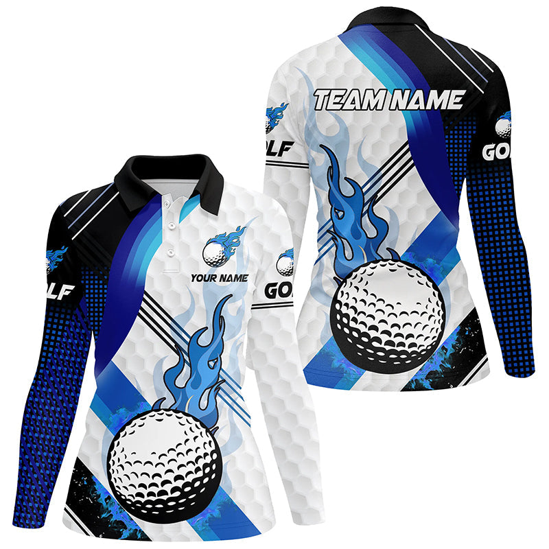 Blue Flame white Golf ball pattern Womens golf polo shirts Custom Ladies Golf Top, best golf gifts NQS8197