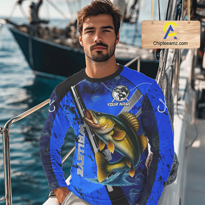 Blue Camo Walleye fishing custom Walleye sun protection long sleeve fishing shirts for Team NQS10817