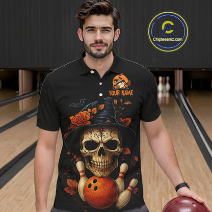 Black and Orange Skull Bowling Polo, Quarter Zip Shirts For Men Custom Halloween Bowling Team Jerseys NQS10818