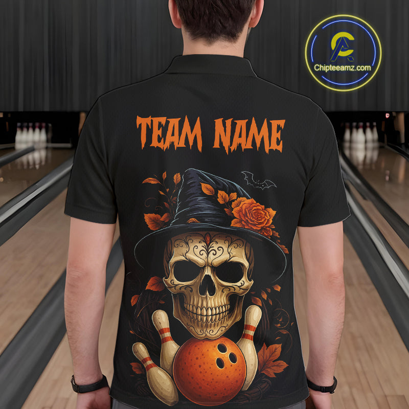 Black and Orange Skull Bowling Polo, Quarter Zip Shirts For Men Custom Halloween Bowling Team Jerseys NQS10818