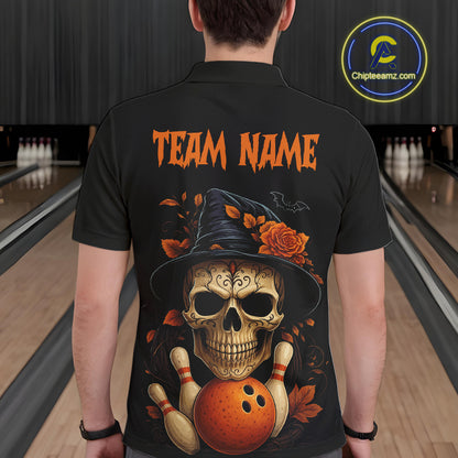 Black and Orange Skull Bowling Polo, Quarter Zip Shirts For Men Custom Halloween Bowling Team Jerseys NQS10818