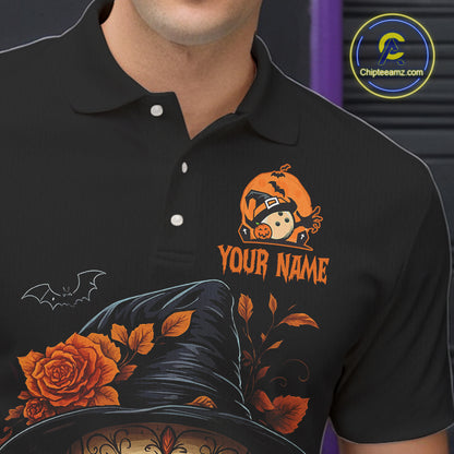 Black and Orange Skull Bowling Polo, Quarter Zip Shirts For Men Custom Halloween Bowling Team Jerseys NQS10818