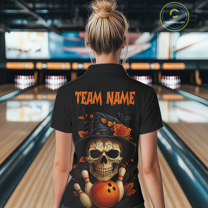 Black and Orange Skull Bowling Polo, Quarter Zip Shirt For Women Custom Halloween Bowling Team Jersey NQS10818