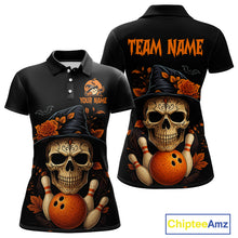 Load image into Gallery viewer, Black and Orange Skull Bowling Polo, Quarter Zip Shirt For Women Custom Halloween Bowling Team Jersey NQS10818
