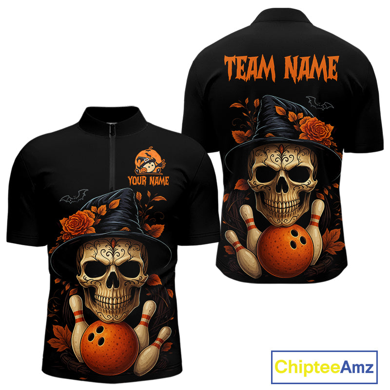 Black and Orange Skull Bowling Polo, Quarter Zip Shirts For Men Custom Halloween Bowling Team Jerseys NQS10818