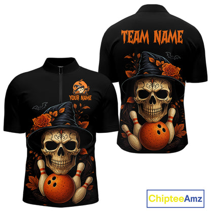 Black and Orange Skull Bowling Polo, Quarter Zip Shirts For Men Custom Halloween Bowling Team Jerseys NQS10818