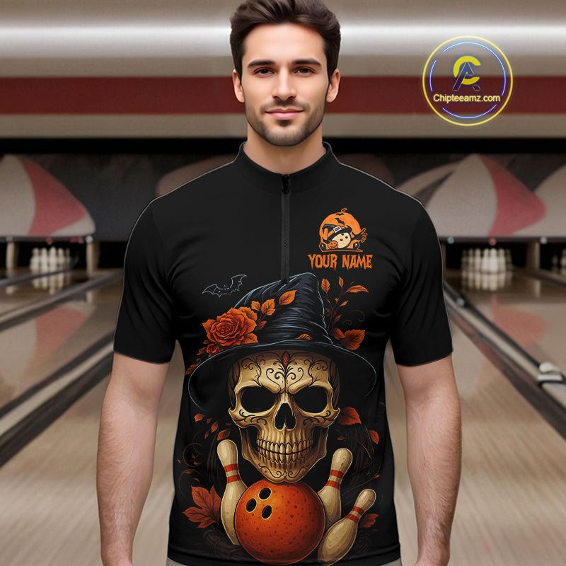Black and Orange Skull Bowling Polo, Quarter Zip Shirts For Men Custom Halloween Bowling Team Jerseys NQS10818